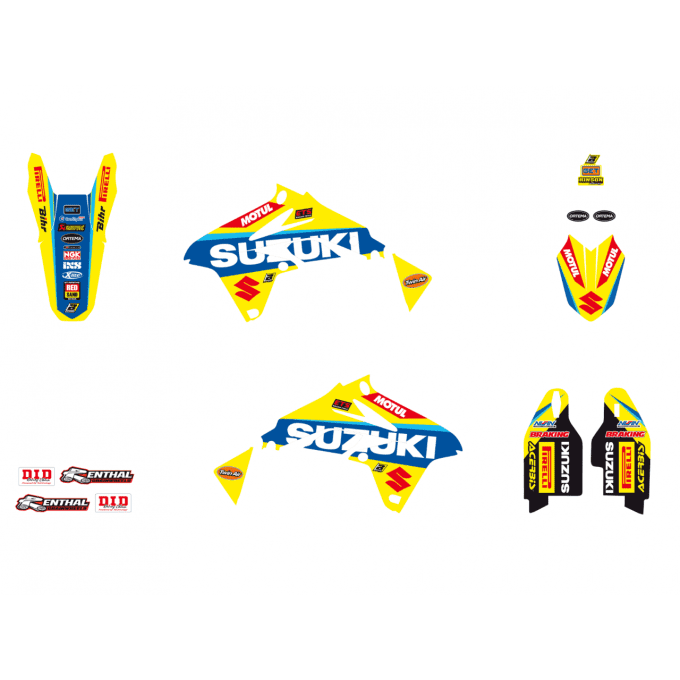 kit deco , factory , rmz450 , suzuki , autocollants , jaune , bleu , motul , pichon ,