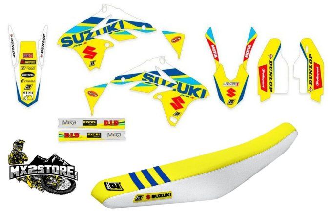 kit deco , housse selle , suzuki , rmz 250 , rmz250, blanc , bleu , racing , graphics , mx2 ,